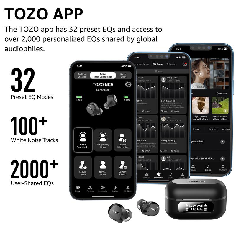 TOZO 2024NC9 Hybrid Active Noise Cancelling Wireless Earbuds, 6 Mics ENC Clear Call, IPX8 Waterproof, in Ear Bluetooth 5.3 Headphones Stereo Bass Heasets 59H Playtime with LED Display 32 EQs via APP