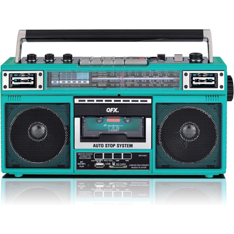 Aqua Turquoise Boombox with MP3 Conversion, 4-Band Radio (AM, FM, SW1, SW2), Bluetooth Connectivity, Dual 3