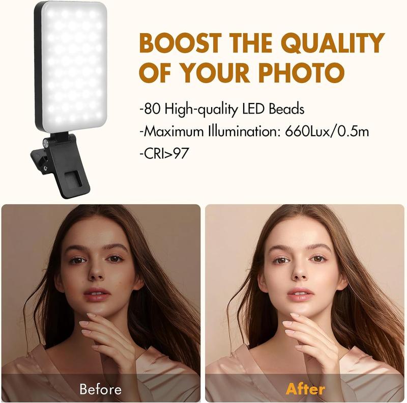 Rechargeable Clip-On Selfie Light for iPhone, Camera, Laptop, TikTok, Vlog - 5 Lighting Modes, 80 High-Power LEDs