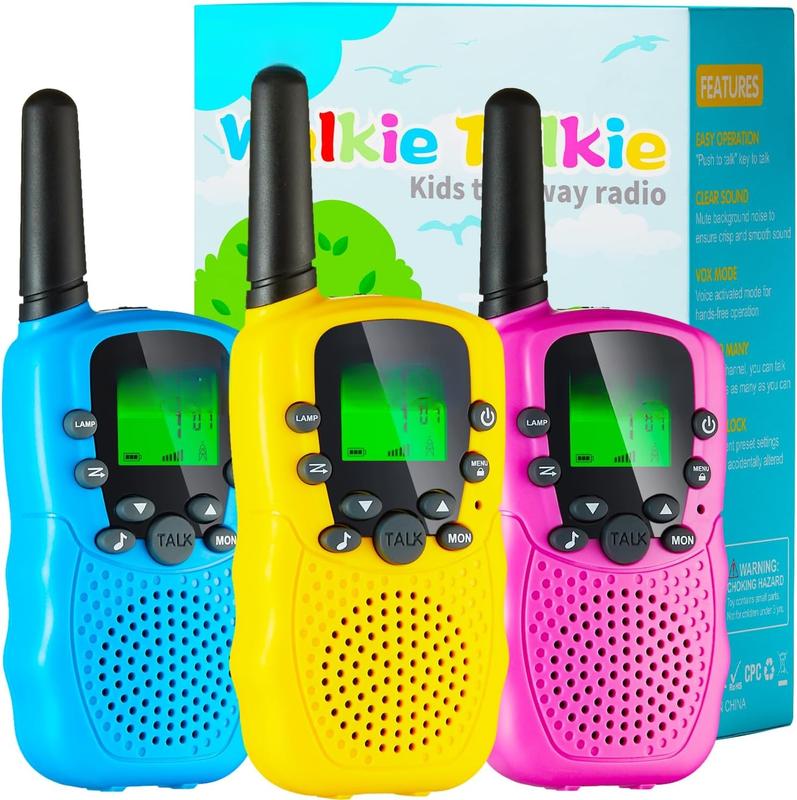 Walkie Talkie for Kids 3 Pack, Kids Walkie Talkies for Girls and Boys, Long Range Walkie Talkie Toys with Flashlight & 22 Channels. Boys Girls Toys Gifts for Kids Age 3-12(Blue Pink Yellow, 3Pack) Audio Adjustable Birthday Button