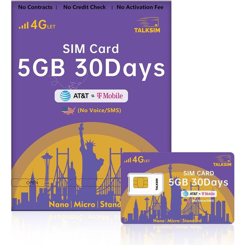 Prepaid 4G SIM Card for Smartphones, Security Cameras, GPS Tracking, and Hotspot. Includes 5GB Data Trial for 30 Days, with U.S. Servers (T-Mobile AT&T) and no extra fees.