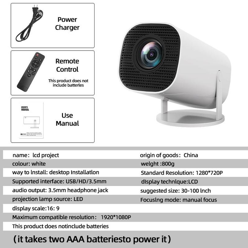 Portable HD Projector, Home Theater Projector, WiFi-compatible BT Projector with Remote Control, Mini Projector for Home, Outdoor, Office