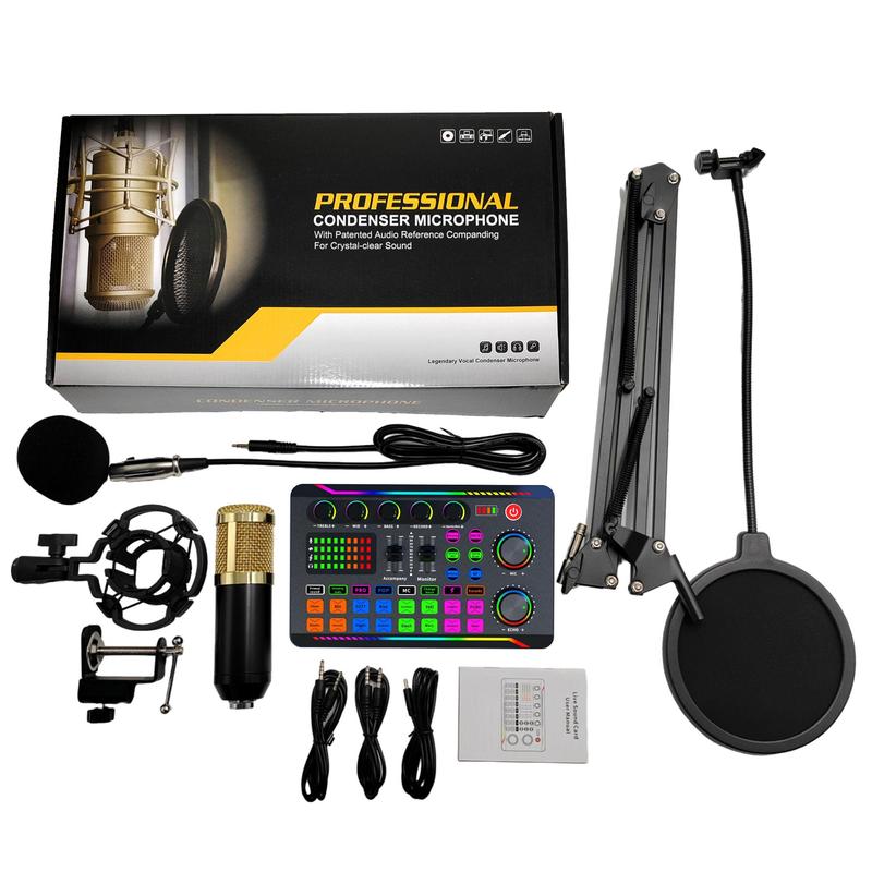 Professional Audio Mixer, 1 Set Podcast Equipment Kit with Sticker, Podcast Production Kit, Vocal Recording Kit, Video Recording Kit, Studio Equipment, Condenser Mic Set, Audio Mixer Kit for PC, Laptop, Smartphone