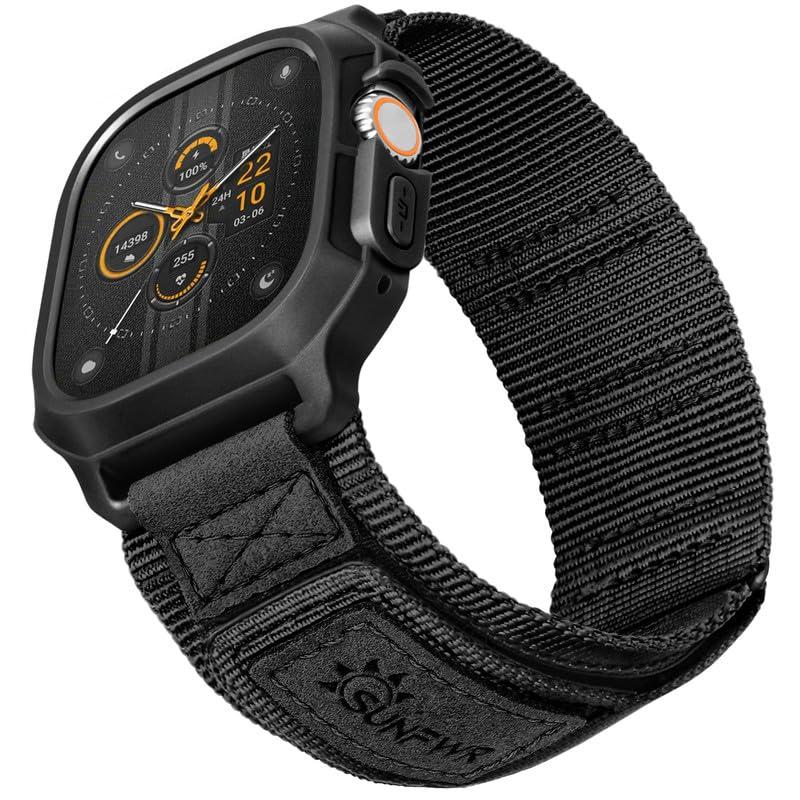 Sunfwr Rugged Nylon Smartwatch Band with Protective Case,  Compatible with Apple Watch 42mm 44mm 45mm 49mm, Durable Velcro Strap Wristband for iWatch Series 987654SE, Stylish Wearable Accessories with Sport For Men & Women Leather