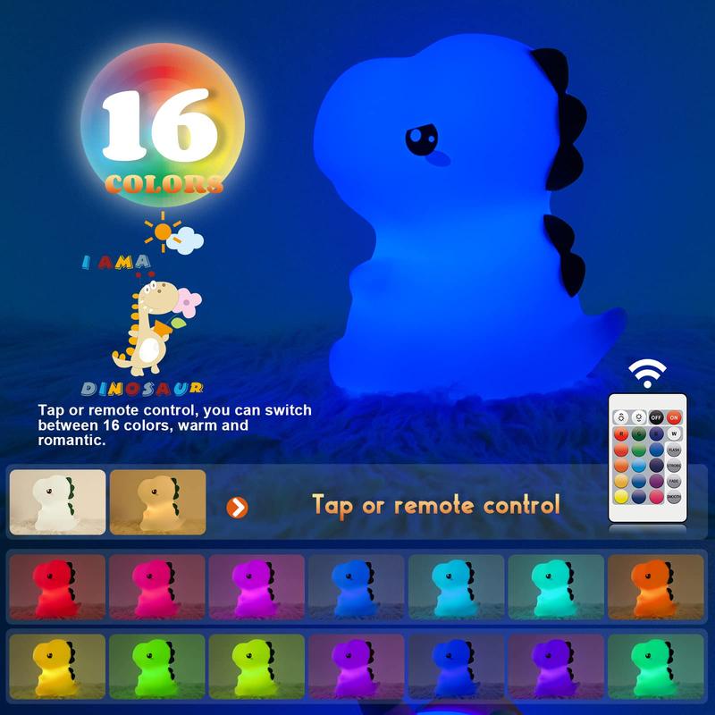 Dinosaur Night Light, USB Rechargeable Cute Night Light, 16 Colors Breathing Modes Kid Lamp for Girls, Childrens, Toddler, Baby, Christmas Gifts