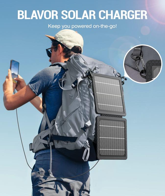 10W Solar Charger, IP65 Waterproof, Foldable with Dual USB Outputs (5V 2A Max) for iPhone, iPad, Samsung, and more. Ideal for outdoor use.