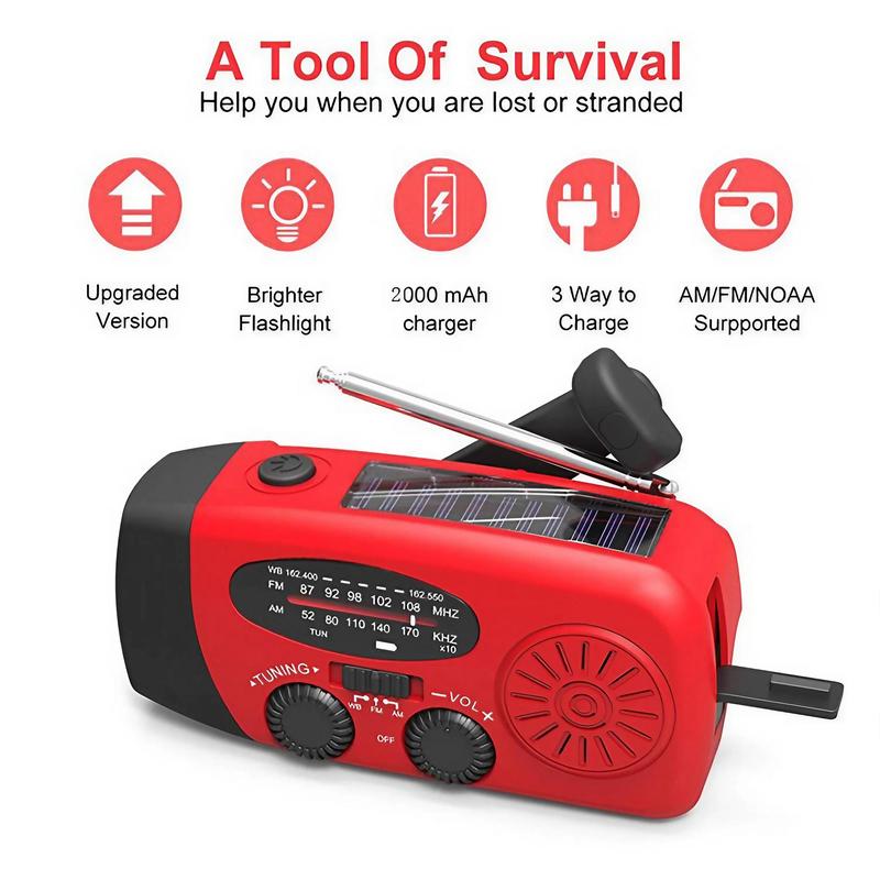 Portable Solar Powered Radio, 2000mAh Multifunctional Emergency LED Flashlight Radio, FM AM WB NOAA Weather Radio, Outdoor Radio for Camping Hiking