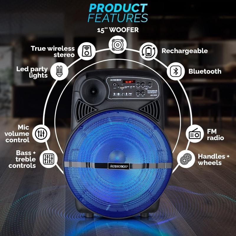 15 INCH Portable Party Bluetooth Speaker 15” woofer + 1.5” tweeter Heavy Bass Speaker System With LED Lights Stand Microphone for Events and Karaoke