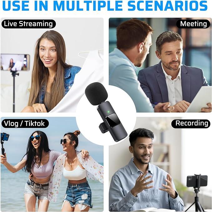 Professional Wireless Lavalier Lapel Mini Microphone,for iPhone,Android， iPad，Dual microphone design supports multiple users Support charging while in use Portable Wireless Mini Microphone with Noise Reduction ，for Video Recording, Vlog, YouTube, TikTok，