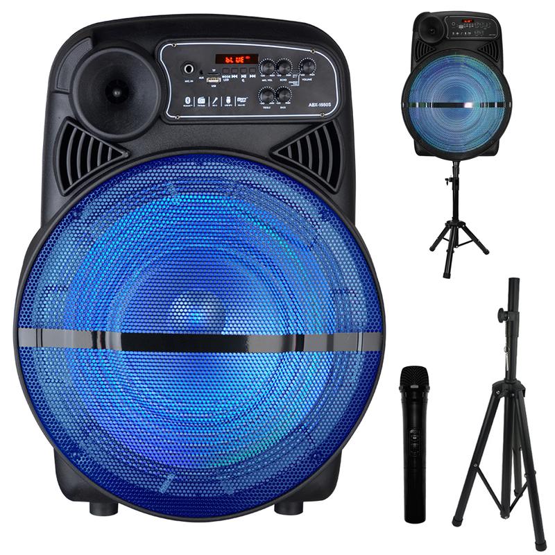 15 INCH Portable Party Bluetooth Speaker 15” woofer + 1.5” tweeter Heavy Bass Speaker System With LED Lights Stand Microphone for Events and Karaoke