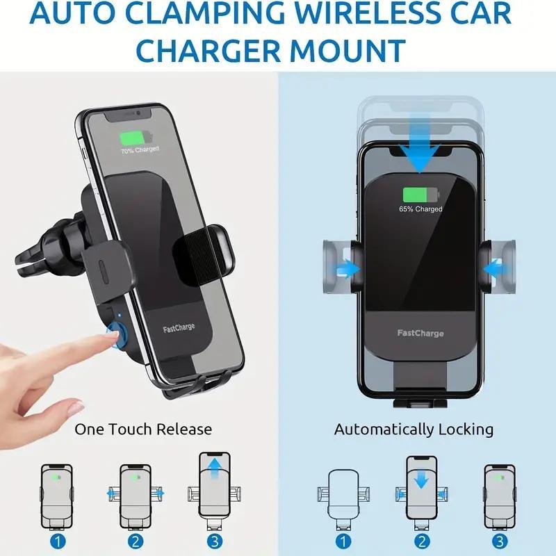 Wireless Car Dashboard Phone Holder Charger, 15W Fast Charging Auto Clamping Car Air Vent Phone Mount Charger, Car Phone Holders, Cell Phone Car Mount, Car Phone Holder, Compatible with iPhone Samsung Galaxy