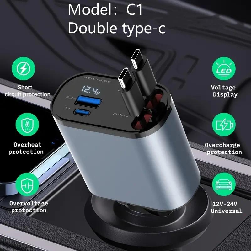 4 in 1 Retractable Car Charger,High-Speed USB C Adapter with Lightning Cable and Dual Charging Ports for iPhone 15 14 13 Pro Max Plus, iPad, AirPods, Samsung Galaxy S23 S22 S10, Google Smart Device