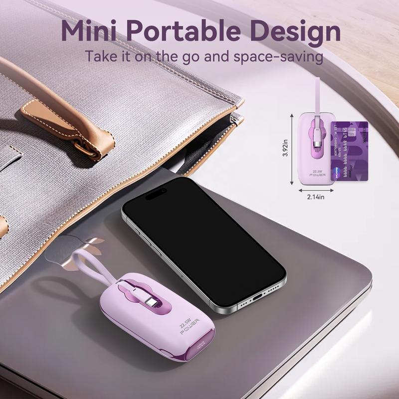 Portable power bank for iPhone with Built in Cables, 22.5W Max Fast Charging USB C Lightening Charging Port