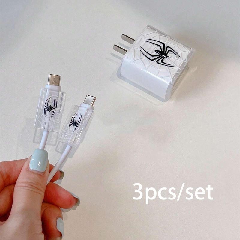 Spider Design Charger & Data Cable Protector Case, Transparent TPU Charger Protective Case, Phone Accessories Compatible with iPhone 20w Charger