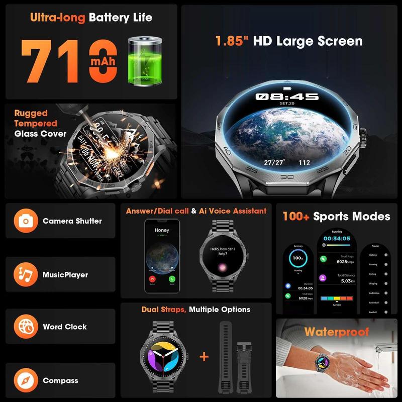 Multifunctional Smart Watch, Fashion 1.85 Inches Screen Digital Watch with Silicone Band, IP67 Waterproof Sports Smart Watches for Women & Men, Sport Smartwatch