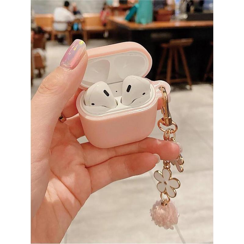 Cute Pink Case for Airpods 2nd 1st Generation Cover for Girl Women with Pom pom Flower Keychain & Cleaner Kit, Soft Silicone Airpods iPod 2nd 1st Gen Protective Cover Skin for Airpods 2 1, Pink