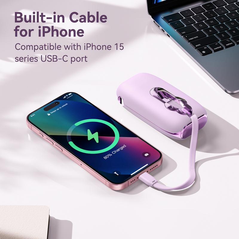 Portable power bank for iPhone with Built in Cables, 22.5W Max Fast Charging USB C Lightening Charging Port