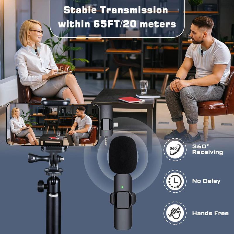 Professional Wireless Lavalier Lapel Mini Microphone,for iPhone,Android， iPad，Dual microphone design supports multiple users Support charging while in use Portable Wireless Mini Microphone with Noise Reduction ，for Video Recording, Vlog, YouTube, TikTok，