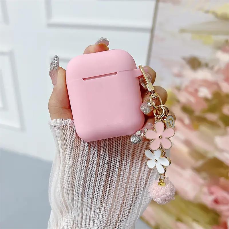 Cute Pink Case for Airpods 2nd 1st Generation Cover for Girl Women with Pom pom Flower Keychain & Cleaner Kit, Soft Silicone Airpods iPod 2nd 1st Gen Protective Cover Skin for Airpods 2 1, Pink