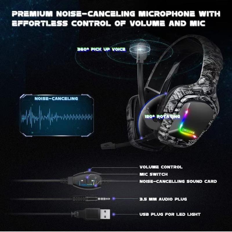 K20 Gaming Headset for PS4 Headsets with Mic, Stereo Surround Sound with Noise Cancelling Mic with Mute & Volume Control, Lightweight Ergonomic Cool RGB Headphones for Xbox One, Switch, PC