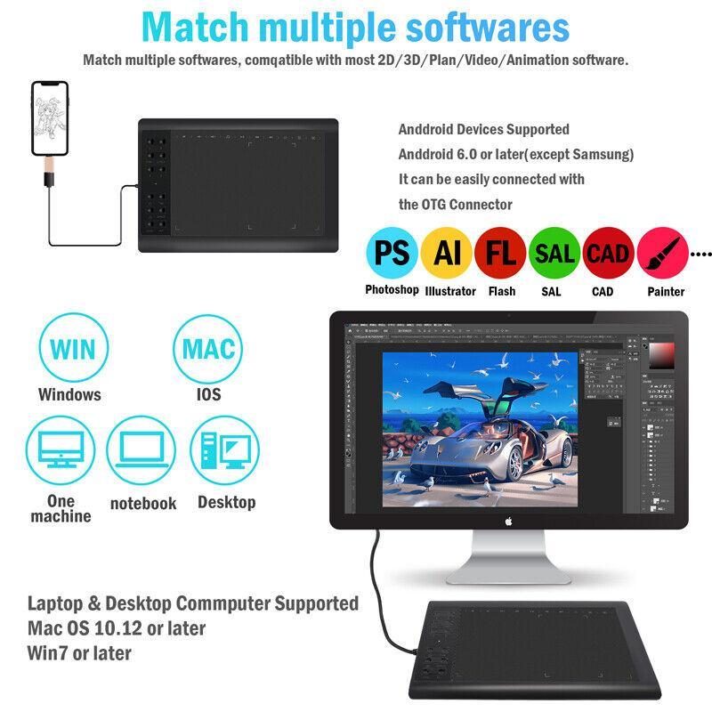 10x6 inch Digital Drawing Tablet HD Screen Graphics tablet with Battery-free Pen