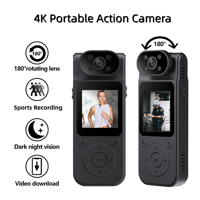 4K Action Camera, USB Rechargeable Portable Sports Camera with 180° Rotatable Lens & LCD Color Display, Vlog Digital Recorder Supports IR Night & Loop Recording