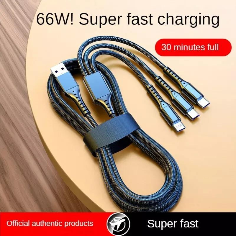 3 in 1 66W Multifunctional Charging Cable 4ft, 1.2m Multi Phone Charger Cable Nylon Braided Universal 3 in 1 Charging Cord Extra Long Multiple USB Cable with USB C, Micro USB Port Connectors for Cell Phones and More