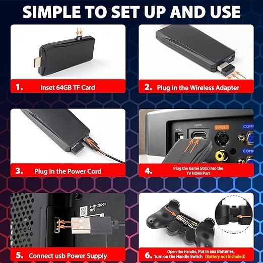 Upgrade Wireless Retro Game Console Stick, Retro Video Game Stick Built in 20000+ Games with 15 Emulators, 4K HDMI Output with 2 2.4G Wireless Controllers (64GB Memory Card) playstation playstation