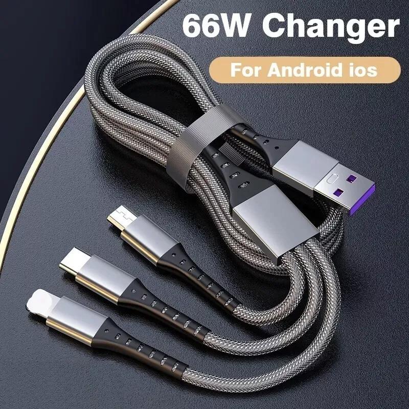 3 in 1 66W Multifunctional Charging Cable 4ft, 1.2m Multi Phone Charger Cable Nylon Braided Universal 3 in 1 Charging Cord Extra Long Multiple USB Cable with USB C, Micro USB Port Connectors for Cell Phones and More