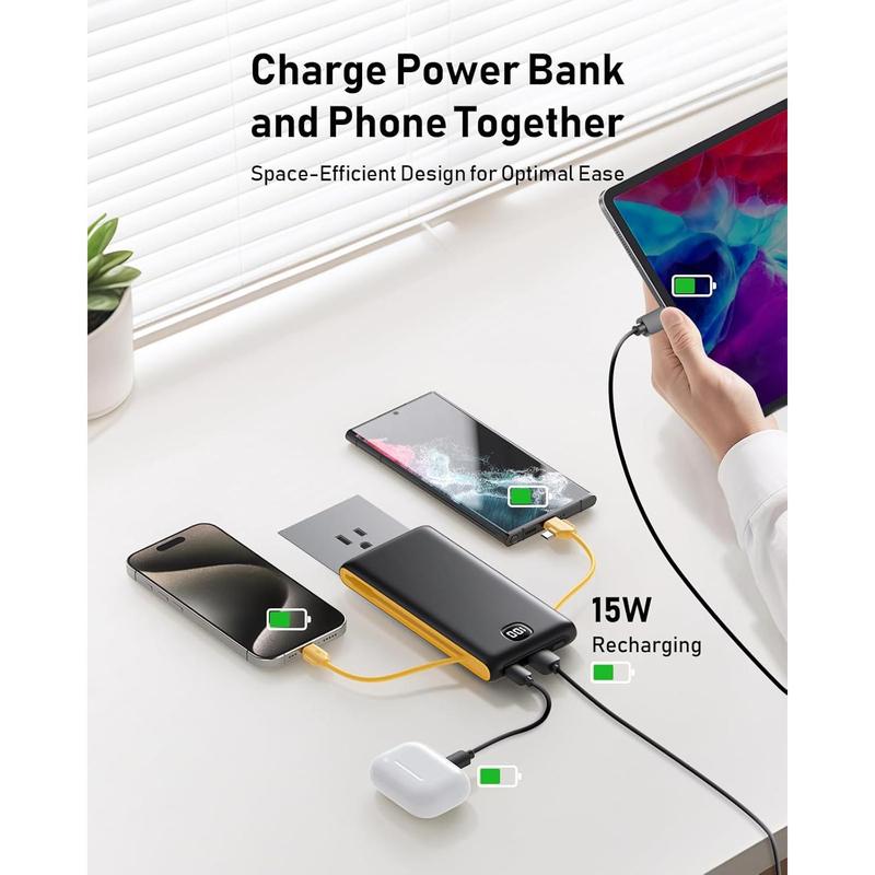 Portable Charger Power Bank Built in Cables and Wall Plug, 10000mAh iPhone Battery Pack Fast Charging, USB C External Slim Power Bank Device Micro