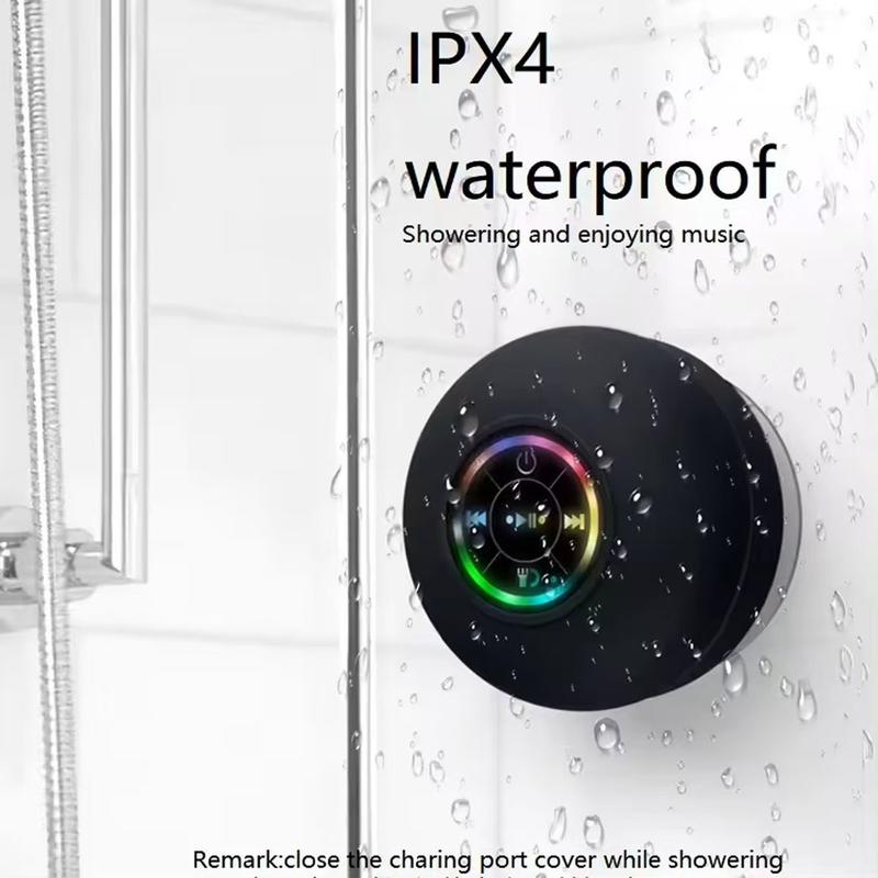 Portable mini Bluetooth shower  with variable LED lights, iPX4 waterproof, hands-free , wireless stereo rechargeable, suitable for beaches, showers, and homes, a must-have for families Mini Bluetooth Waterproof Shower  waterproof Audio Speakers Smartphone