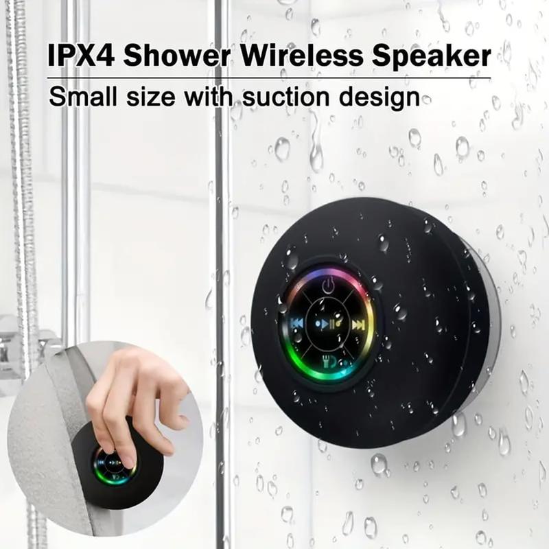 Portable mini Bluetooth shower  with variable LED lights, iPX4 waterproof, hands-free , wireless stereo rechargeable, suitable for beaches, showers, and homes, a must-have for families Mini Bluetooth Waterproof Shower  waterproof Audio Speakers Smartphone