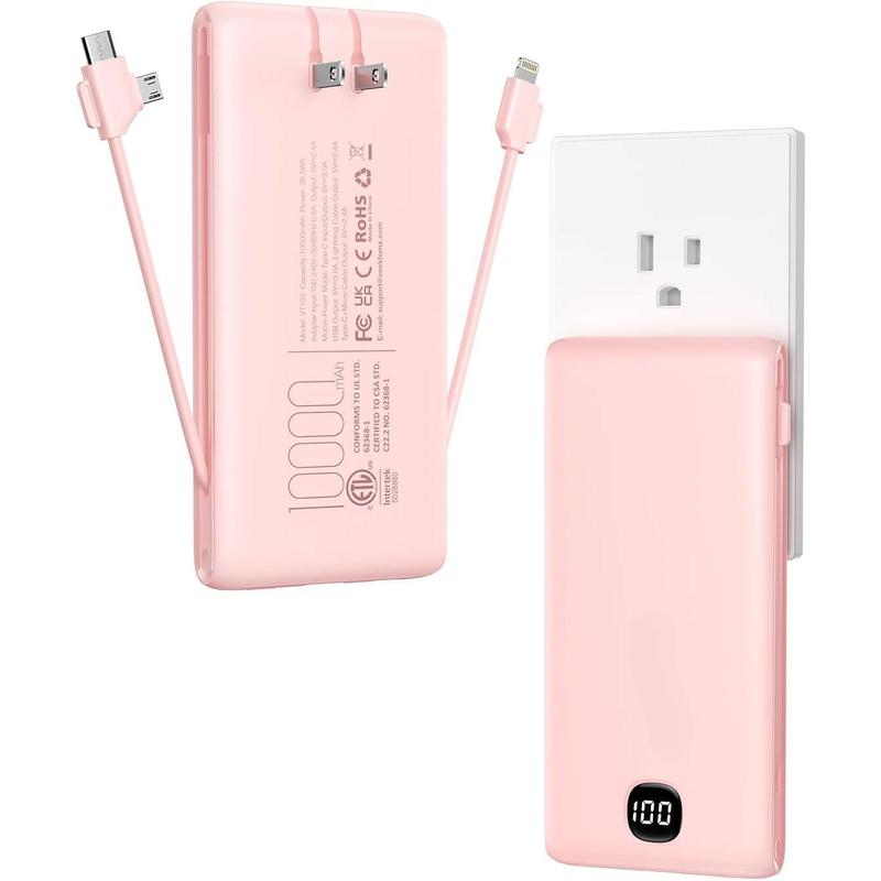 Portable Charger Power Bank Built in Cables and Wall Plug, 10000mAh iPhone Battery Pack Fast Charging, USB C External Slim Power Bank Device Micro