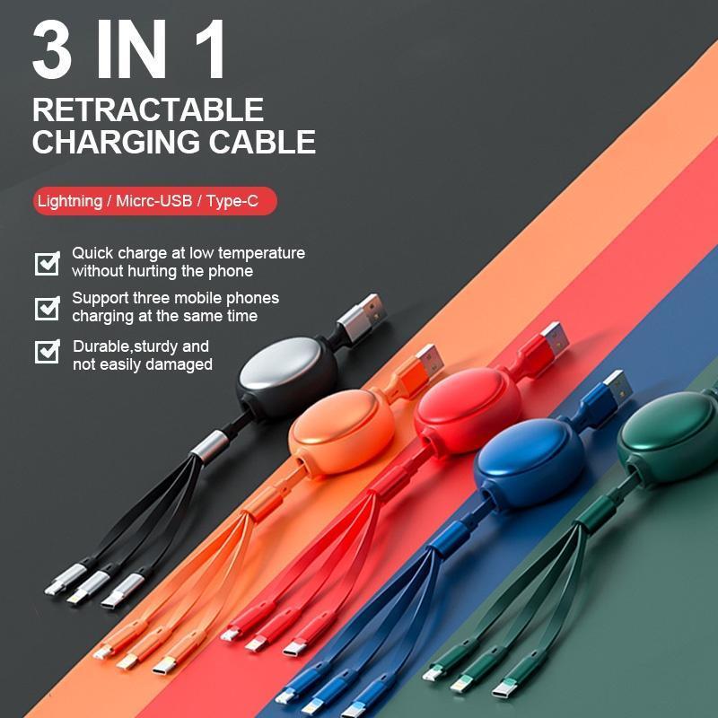 Retractable Fast Charger Cable With Lightning Type C Micro USB Port, Multi-purpose Phone Charging Cable, Phone Accessories