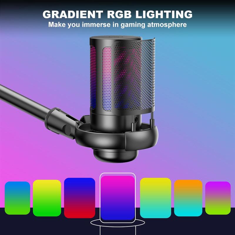 USB RGB Condenser Gaming Microphone, Desktop Microphone with Type-C Adapter & Tap to Mute, Suitable for Live Streaming, Voice Dub, Gaming