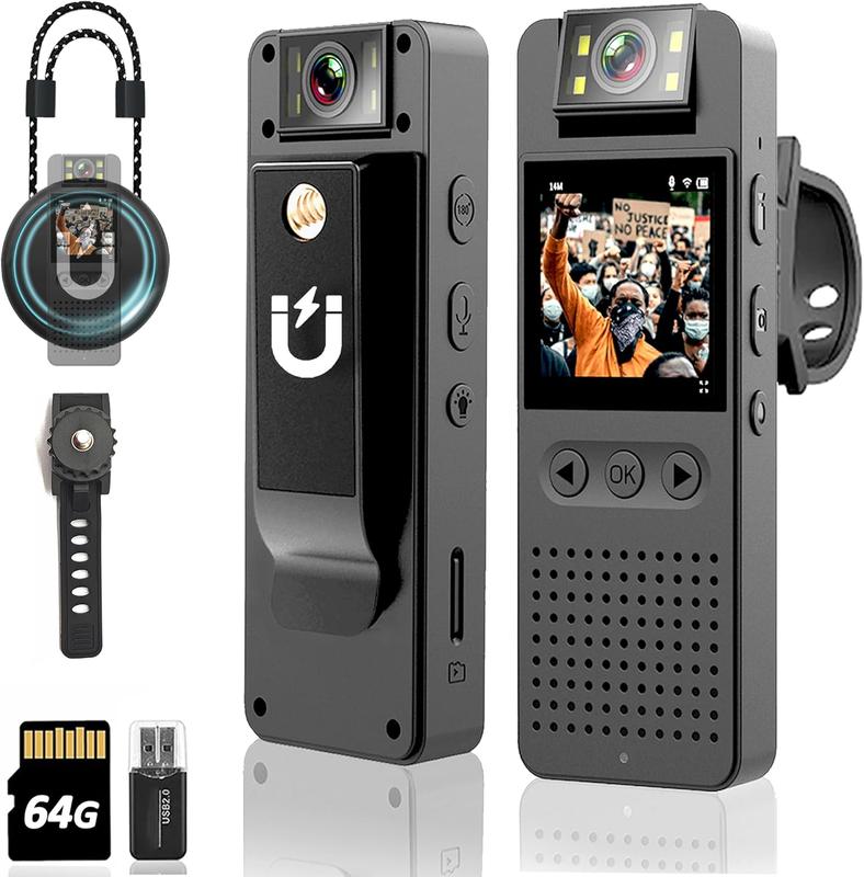 UpgradedBody Camera with Audio & Video Recording - 64G Body Cam Mini Police Wearable Worn Bodycam - Portable Small Personal Camcorder - Sport Bike Outdoor Video Wireless Recorder (Magnetic Lanyard)