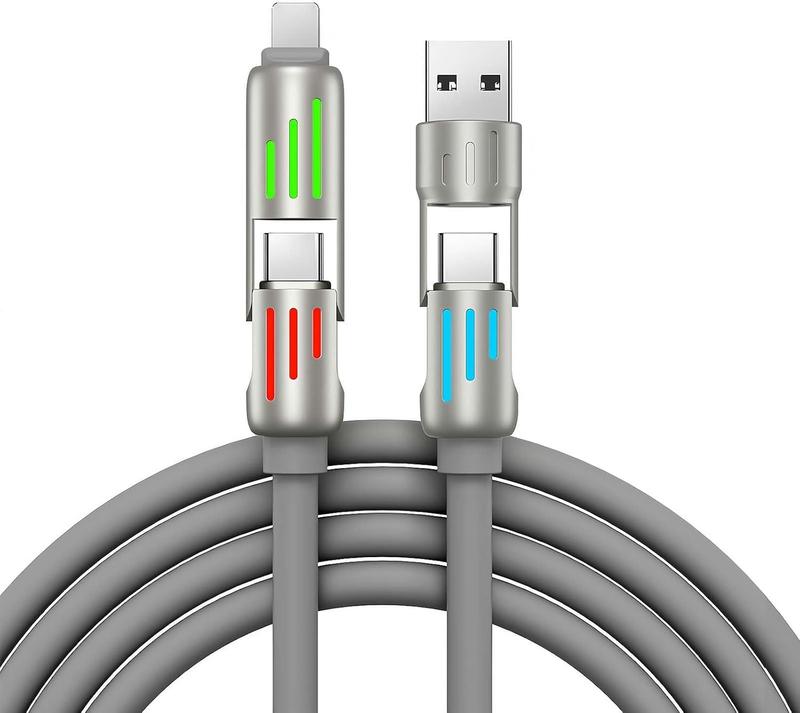 4-in-1 USB Charging Cable, fast charging cable USB A+ TYPE C + Lightning Multi national aluminum alloy cable management suitable for iPhone 16 15 14 Samsung Galaxy, Android Phones & Tablets iPad Pro Smartphone Cellphone Mobile Electronic