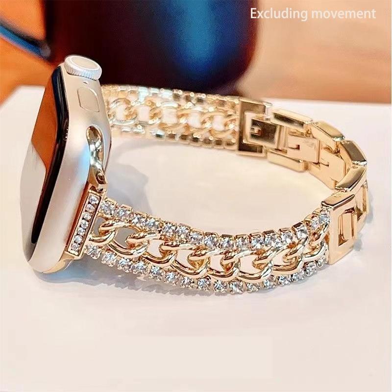 Rhinestone Decorated Watch Band With Double Row Fine Diamond Hollow, Fashionable Watch Band for Women & Men, Replacement Watch Band Compatible with Apple Watch Series 8 7 6 5 4 3 2 1 SE