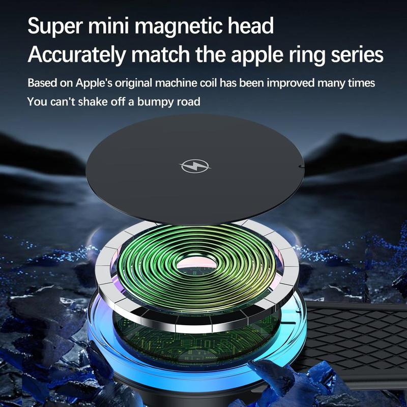 15W Car Folding Magnetic Wireless Charger, Car Phone Holder with Ambient Light, Suitable for Car, Home and Other Scenarios