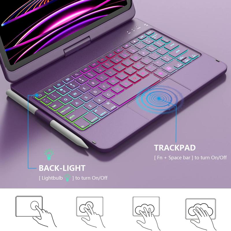 iPad Pro 11 inch Case with Keyboard, iPad Air 5 Air 4 10.9 inch Keyboard Case with Trackpad, Keyboard Case for iPad Air 5 Air 4 and iPad Pro 1-4 Gen, Backlit 10 Color & 360 Screen Rotation -Purple