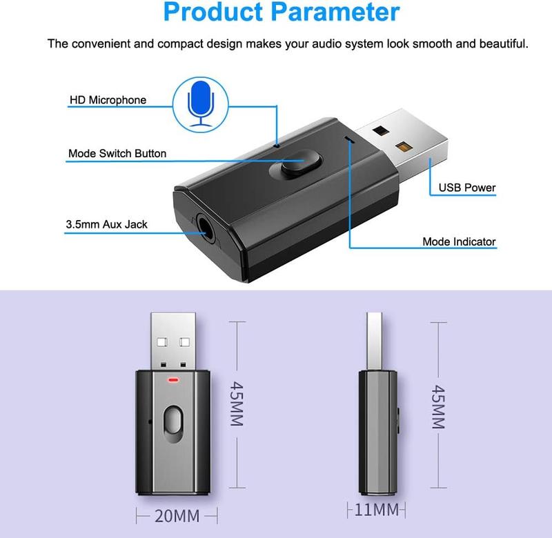 Bluetooth Car Adapter, Mini Bluetooth 5.0 Stereo Transmitter Receiver Wireless 3.5mm Aux Jack Adapter Hands- Car Kit Built-in Mic for Car Aux, Home Stereo, Headphones, PC,TV and More