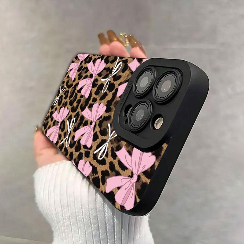 Cute Bow & Leopard-print Pattern Phone Case, Anti-drop Cellphone Protective Case, Total Protective Shockproof Mobile Phone Cover for iPhone 15 Pro Max 14 13