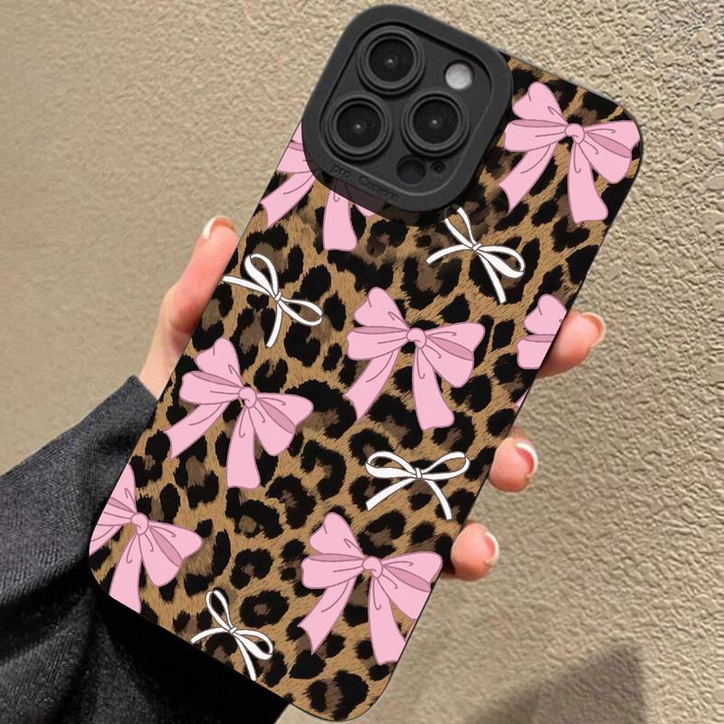 Cute Bow & Leopard-print Pattern Phone Case, Anti-drop Cellphone Protective Case, Total Protective Shockproof Mobile Phone Cover for iPhone 15 Pro Max 14 13