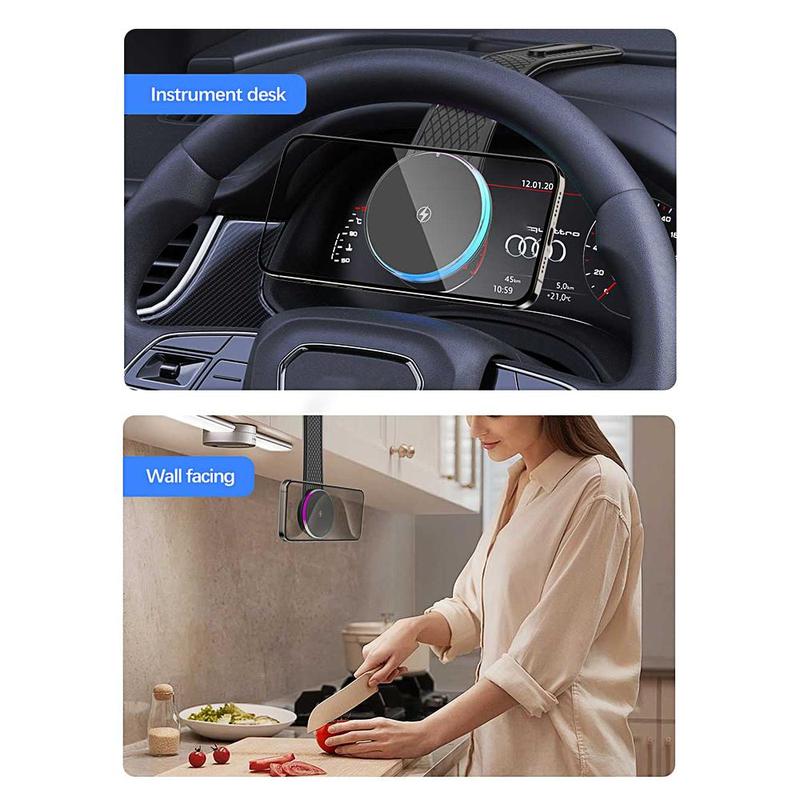 15W Car Folding Magnetic Wireless Charger, Car Phone Holder with Ambient Light, Suitable for Car, Home and Other Scenarios