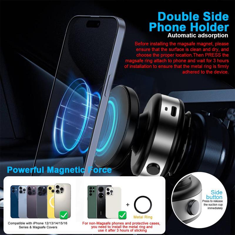 360° Rotatable 15W Fast Charging Magnetic Cell Phone Holder, Electric Vacuum Strong Suction Car Phone Mount for Magsafe iPhone & Android