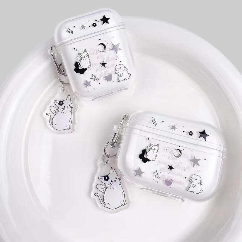 Cute Cartoon Cat Pattern Earphone Case with Keychain, 1 Count Transparent Earphone Protective Cover Compatible with Airpods