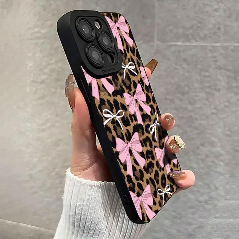 Cute Bow & Leopard-print Pattern Phone Case, Anti-drop Cellphone Protective Case, Total Protective Shockproof Mobile Phone Cover for iPhone 15 Pro Max 14 13