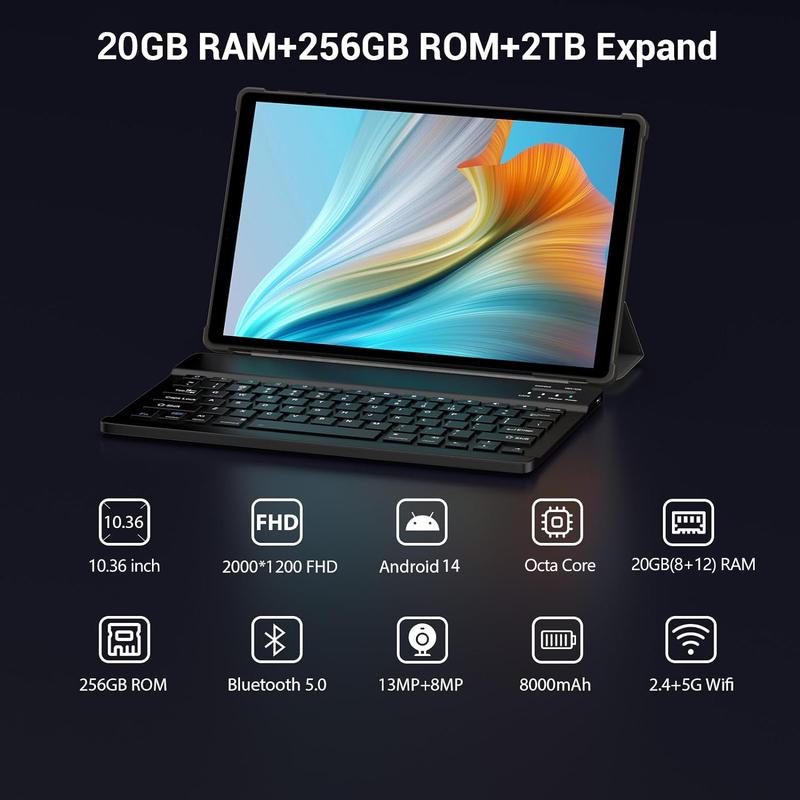 POWMUS Android 14 2-in-1 Tablet with Keyboard Mouse, 8000mAh 10.36 inch Tablets, 20GB RAM 256GB Storage 1TB Expandable, Octa Core Processor, 2000*1200 IPS 2K In-cell Screen, 2.4G 5G WiFi, BT 5.0, GPS Android Tablets Bundle Tiktok Shop Black