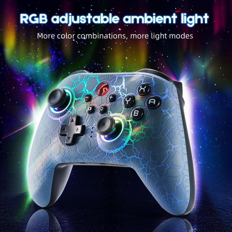 Wireless Game Controller, RGB Adjustable LED Wireless Remote Gamepad with Unique Crack, Motion Control Gamepad for Switch Switch Lite Switch OLED