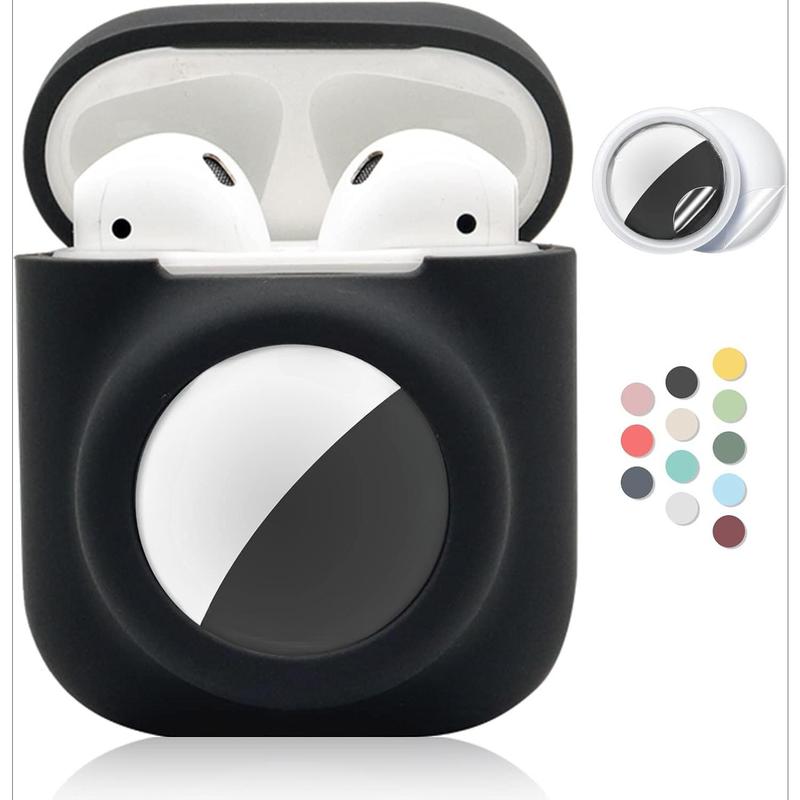 2 in 1 Silicone Protective Skin Cover Compatible with AirPod 1&2 and AirTag, Soft Comprehensive Protective Case with 2 Count TPU Screen Protector, Anti-Scratch Anti-Fall Anti-Lost(Black) Protection